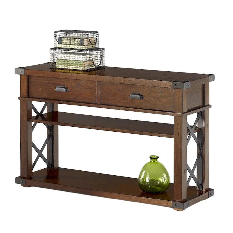Rustic Ash Veneer Accent Tables with Antique Iron Metal Accents