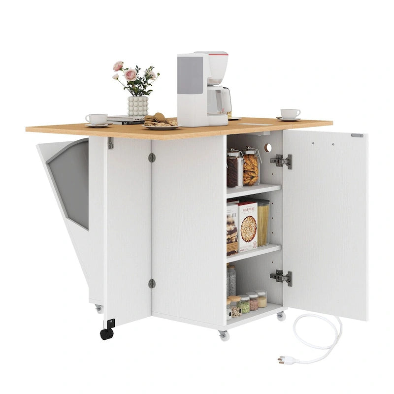 Foldable Kitchen Island with Trash Cabinet, Power Outlet & Task Lighting