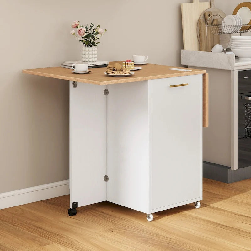 Foldable Kitchen Island with Trash Cabinet, Power Outlet & Task Lighting