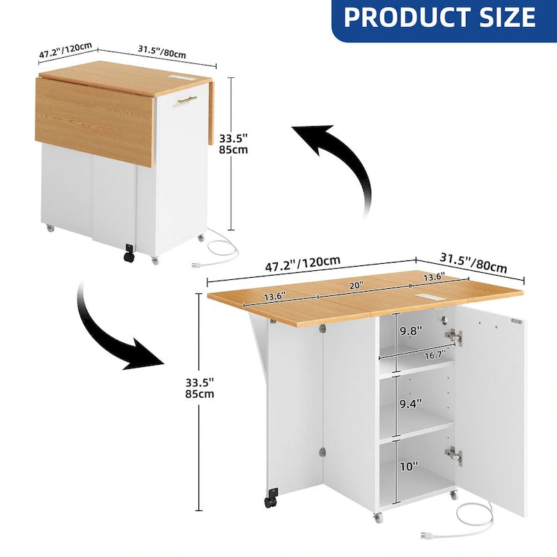 Foldable Kitchen Island with Trash Cabinet, Power Outlet & Task Lighting
