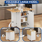 Foldable Kitchen Island with Trash Cabinet, Power Outlet & Task Lighting