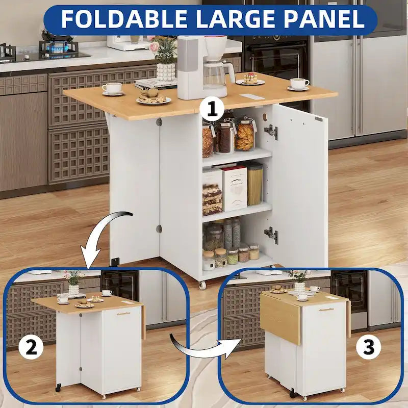 Foldable Kitchen Island with Trash Cabinet, Power Outlet & Task Lighting