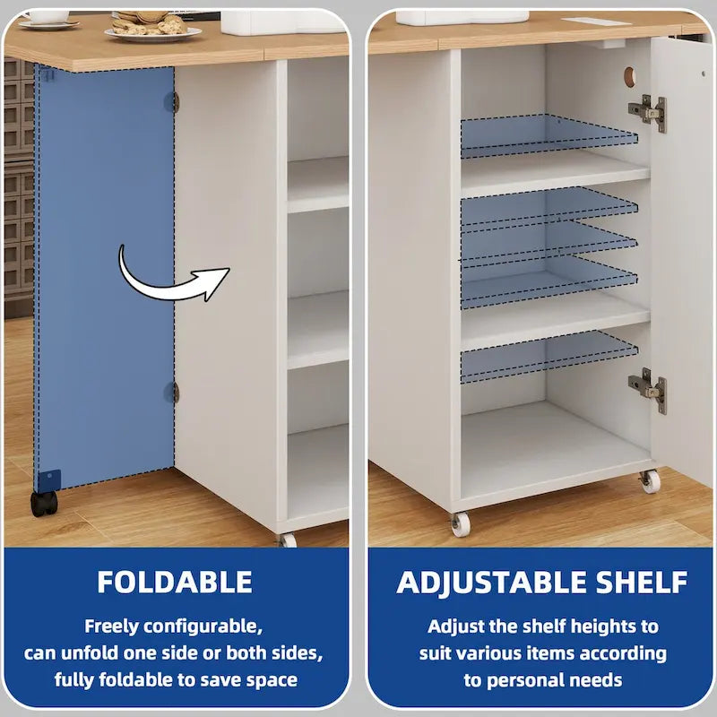 Foldable Kitchen Island with Trash Cabinet, Power Outlet & Task Lighting