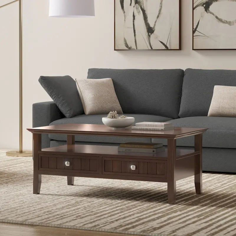 Solid Wood 48-Inch Rectangle Transitional Coffee Table with Drawer, Brunette Brown