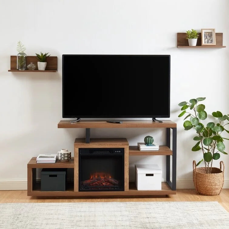 Mobile TV in legno, classico centro di intrattenimento, consolle multimediale fino a 55 pollici con caminetto elettrico