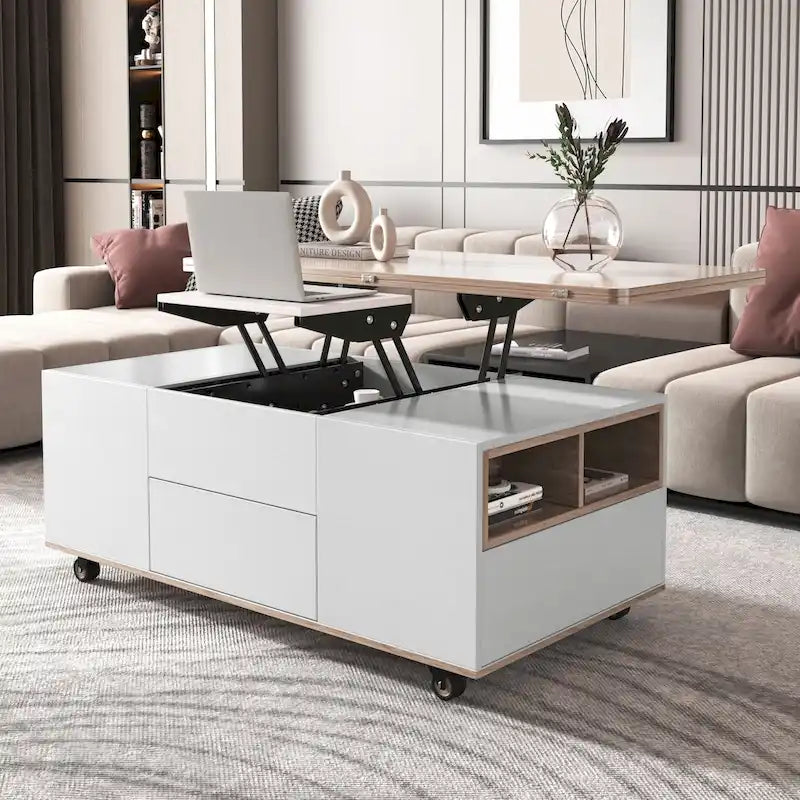 Tavolino da caffè moderno con top sollevabile in noce e bianco, tavolo multifunzionale con cassetti e ripiani