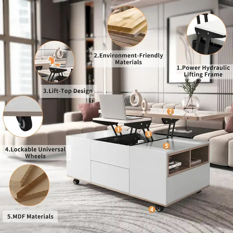 Tavolino da caffè moderno con top sollevabile in noce e bianco, tavolo multifunzionale con cassetti e ripiani