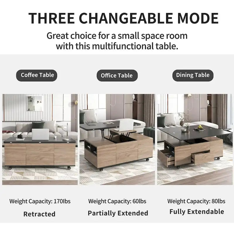 Modern Walnut & White Lift Top Coffee Table Multifunctional Table with Drawers & Shelves