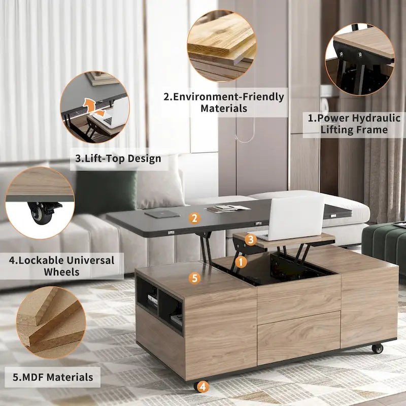Tavolino da caffè moderno con top sollevabile in noce e bianco, tavolo multifunzionale con cassetti e ripiani