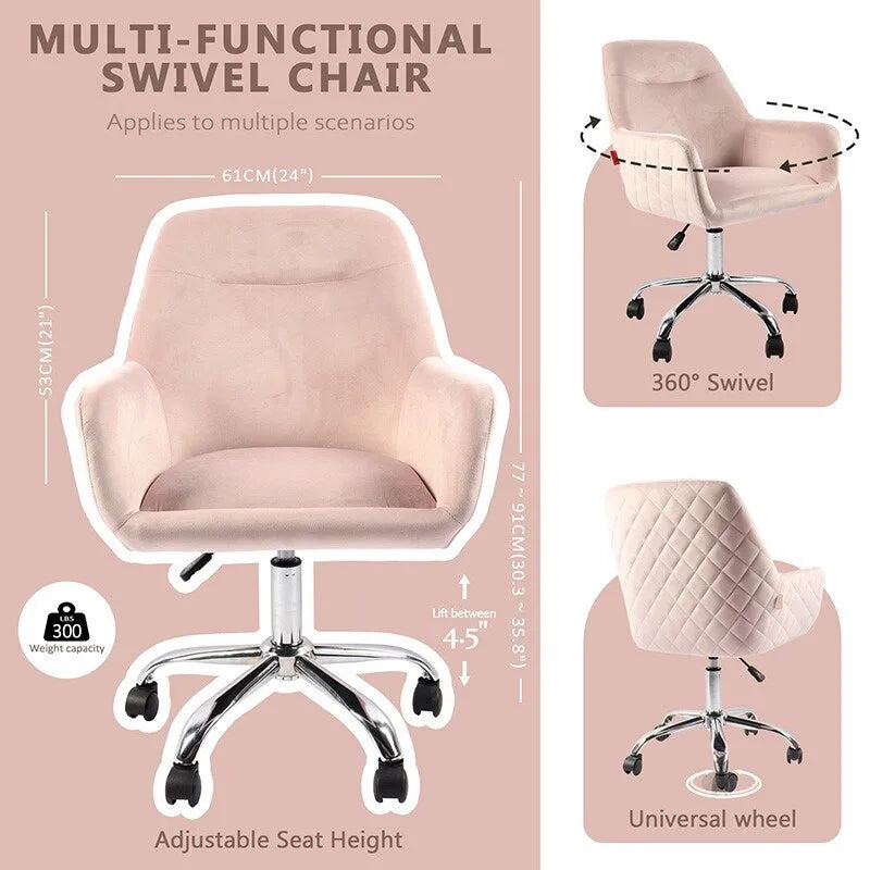 Swivel Vanity Chair with Wheels, Height Adjustable, Pink/Grey/White