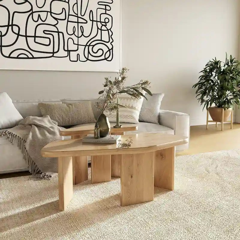 Modern Natural Oak Wood Coffee Table Set, Small & Large Free Form