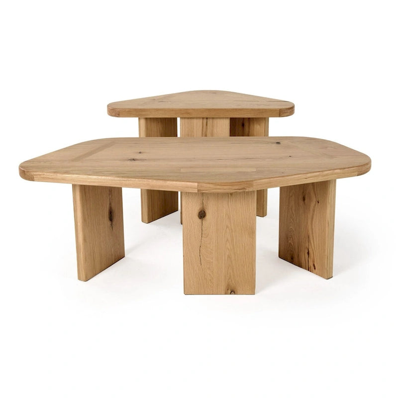 Modern Natural Oak Wood Coffee Table Set, Small & Large Free Form