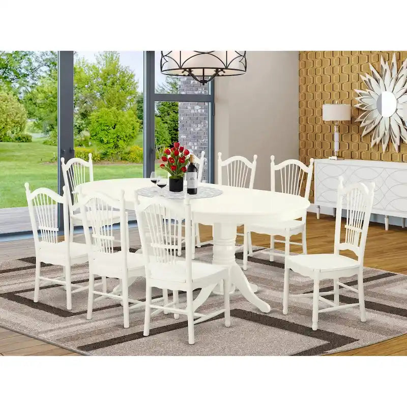 Oval Dining Table Set with Wood Seat Chairs, Linen White