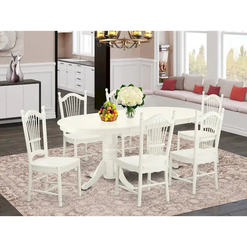 Oval Dining Table Set with Wood Seat Chairs, Linen White