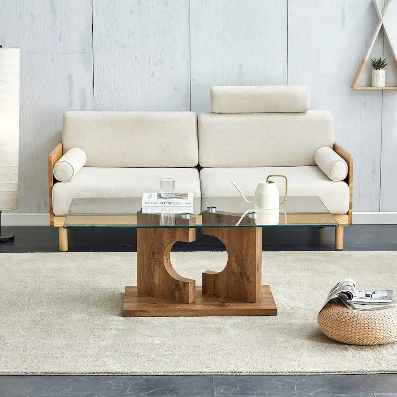 A rectangular modern and fashionable coffee table with tempered glass tabletop and white MDF legs