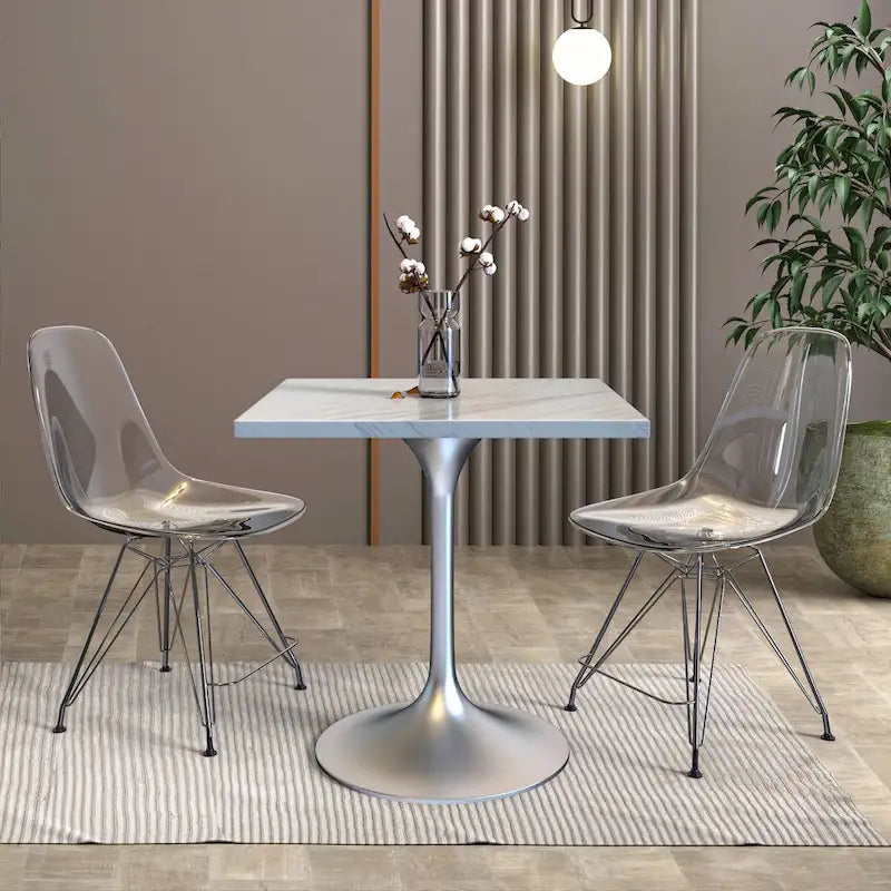 Square Dining Table with White Marbleized Resin Top & Brushed Steel Base