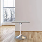 Square Dining Table with White Marbleized Resin Top & Brushed Steel Base