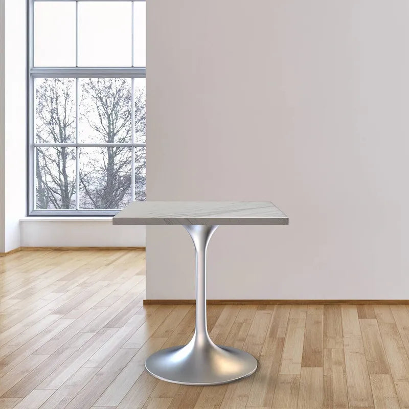 Square Dining Table with White Marbleized Resin Top & Brushed Steel Base