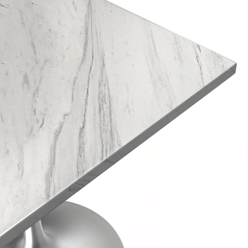 Square Dining Table with White Marbleized Resin Top & Brushed Steel Base