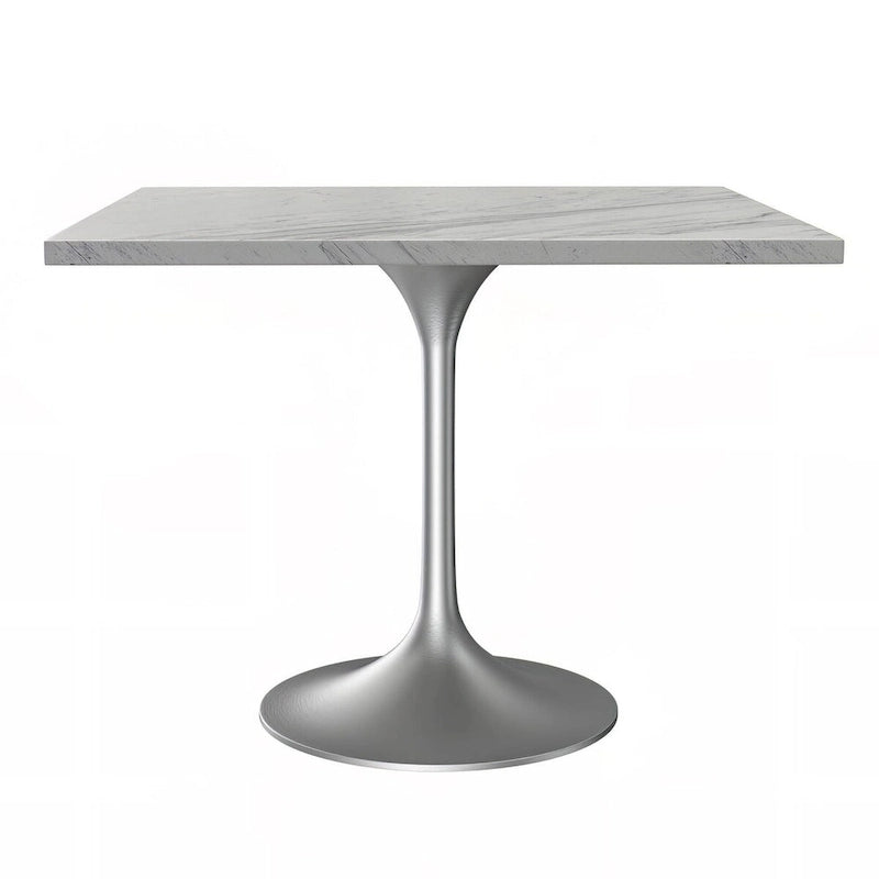 Square Dining Table with White Marbleized Resin Top & Brushed Steel Base
