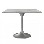 Square Dining Table with White Marbleized Resin Top & Brushed Steel Base