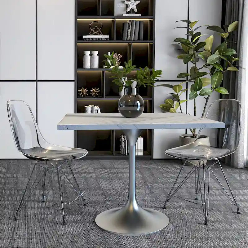 Square Dining Table with White Marbleized Resin Top & Brushed Steel Base