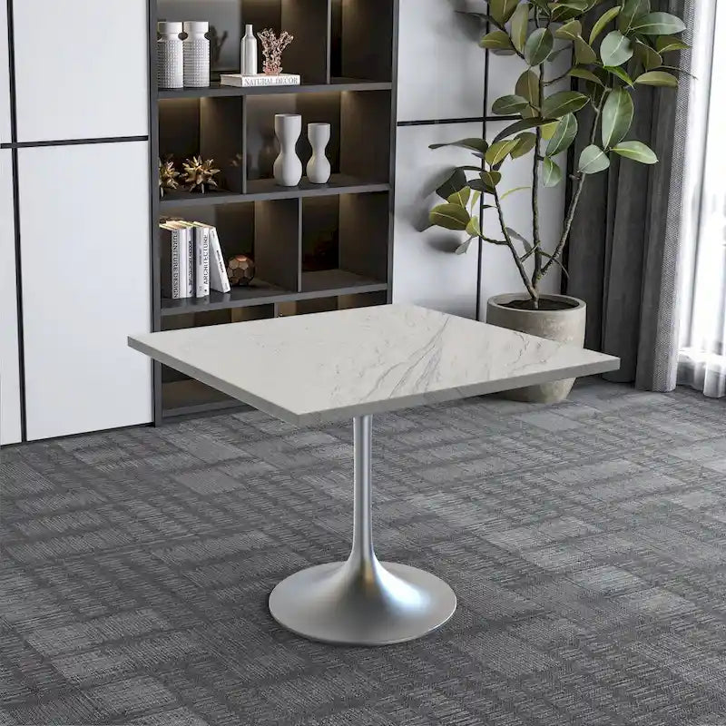 Square Dining Table with White Marbleized Resin Top & Brushed Steel Base