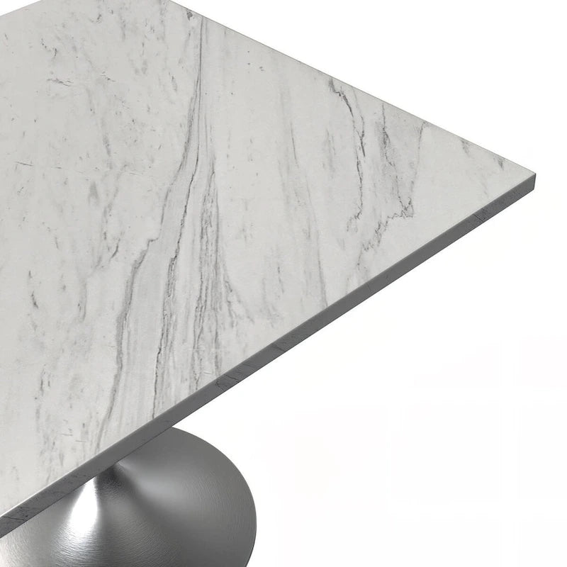 Square Dining Table with White Marbleized Resin Top & Brushed Steel Base