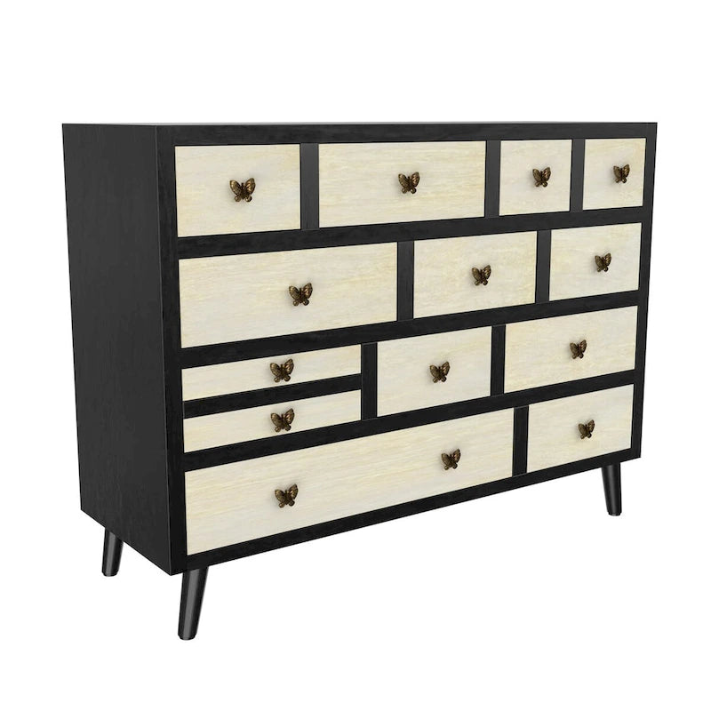 13-Drawer Solid Mango Wood Sideboard with Antique Brass Butterfly Pulls