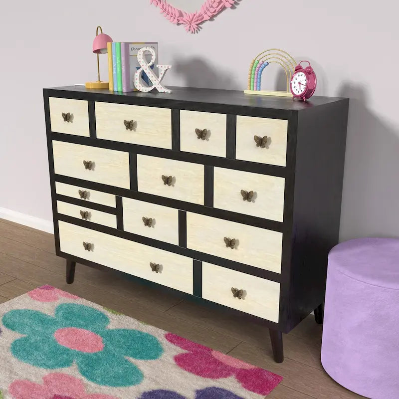 13-Drawer Solid Mango Wood Sideboard with Antique Brass Butterfly Pulls