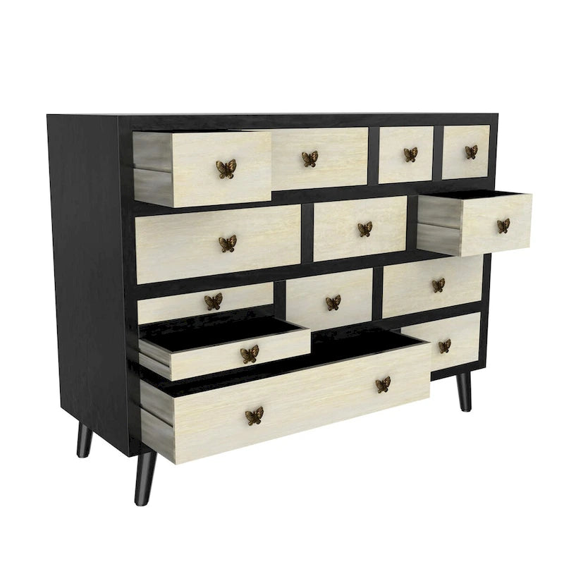 13-Drawer Solid Mango Wood Sideboard with Antique Brass Butterfly Pulls