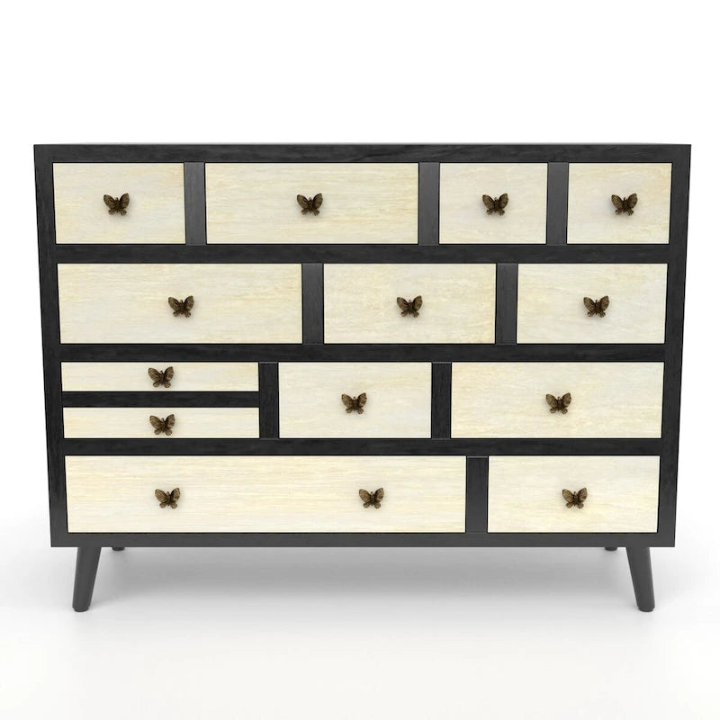 13-Drawer Solid Mango Wood Sideboard with Antique Brass Butterfly Pulls