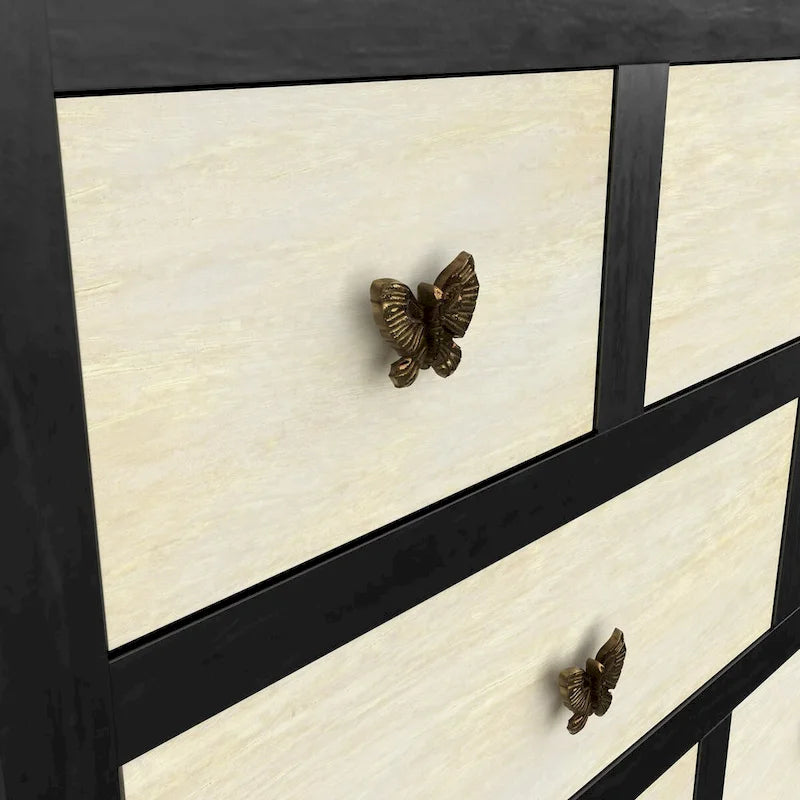 13-Drawer Solid Mango Wood Sideboard with Antique Brass Butterfly Pulls