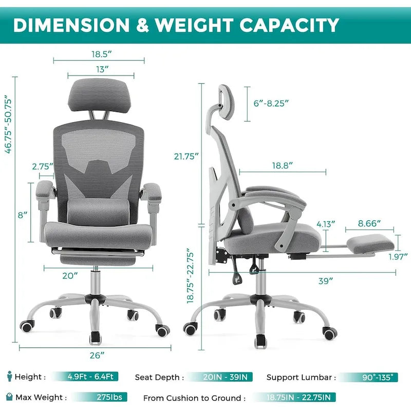 Home Office Desk Chair with Footrest, High-Back Mesh Reclining Chairs with Headrest for Home, Office, Gaming, Student