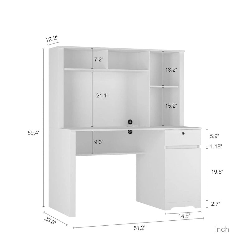 Scrivania per computer con libreria, Scrivania in legno per ragazzi, Scrivania per laptop per ufficio domestico con cassetti, 3 prese AC e 2 porte di ricarica USB
