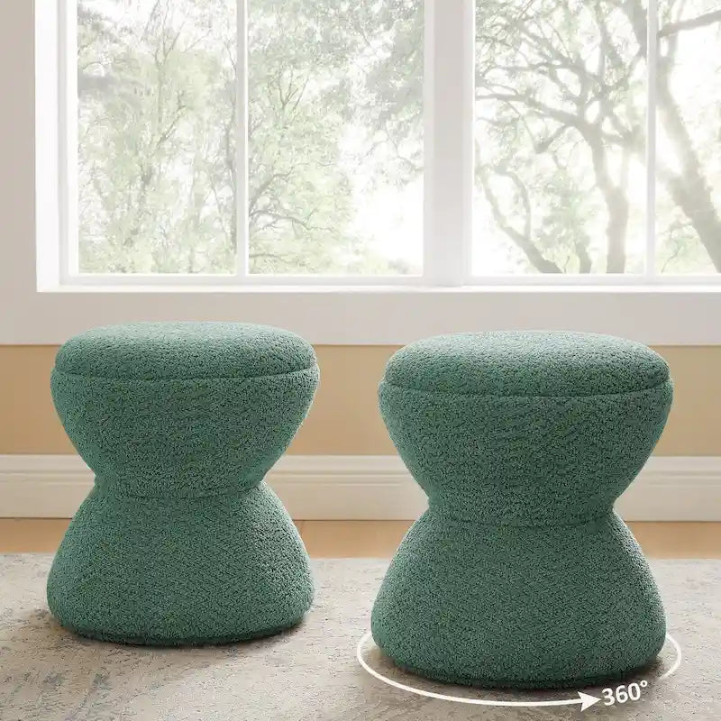 Boucle Upholstered Swivel Ottoman, Pouf & Vanity Stool, Set of 2