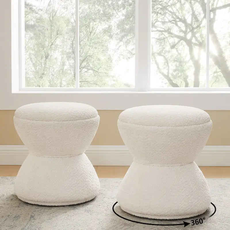 Boucle Upholstered Swivel Ottoman, Pouf & Vanity Stool, Set of 2