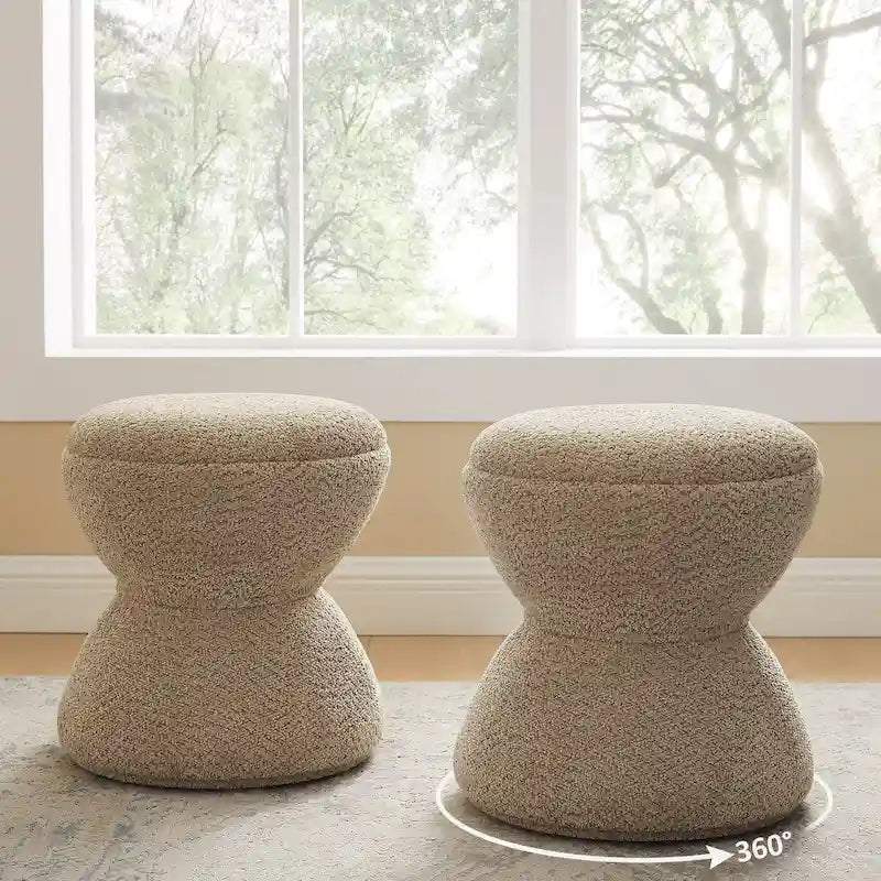 Boucle Upholstered Swivel Ottoman, Pouf & Vanity Stool, Set of 2