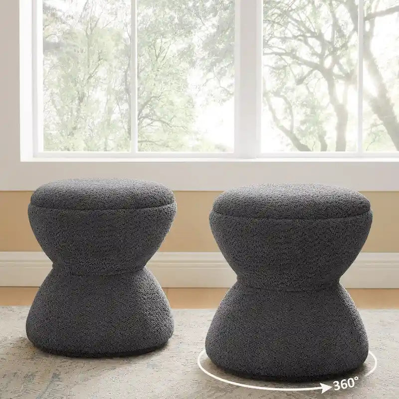 Boucle Upholstered Swivel Ottoman, Pouf & Vanity Stool, Set of 2
