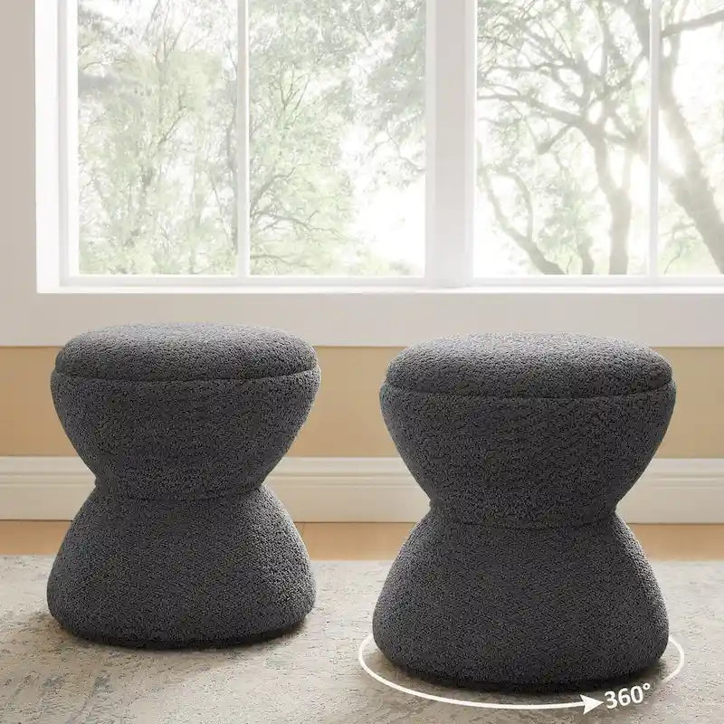 Boucle Upholstered Swivel Ottoman, Pouf & Vanity Stool, Set of 2