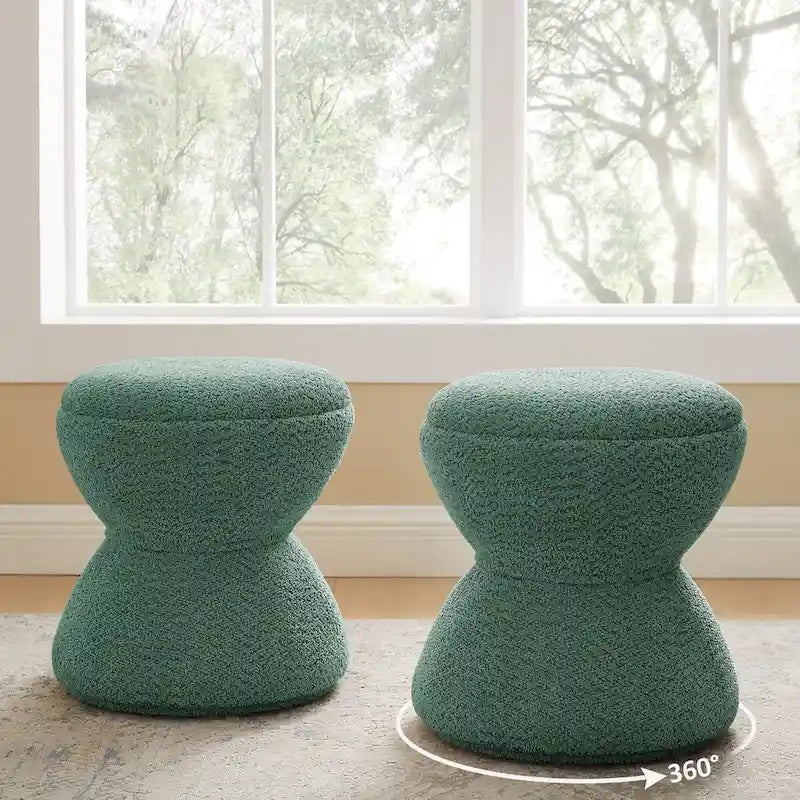 Boucle Upholstered Swivel Ottoman, Pouf & Vanity Stool, Set of 2