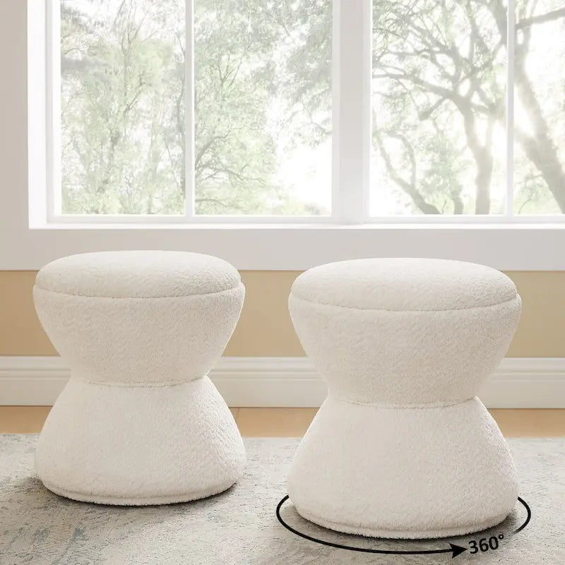 Boucle Upholstered Swivel Ottoman, Pouf & Vanity Stool, Set of 2