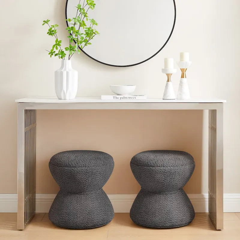 Boucle Upholstered Swivel Ottoman, Pouf & Vanity Stool, Set of 2