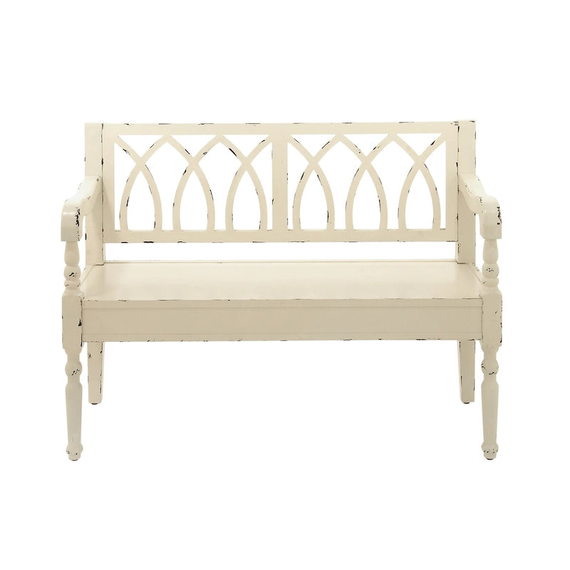 Wood Distressed Bench with Arched Design Back and Turned Legs - Black or White - Roche River Decor
