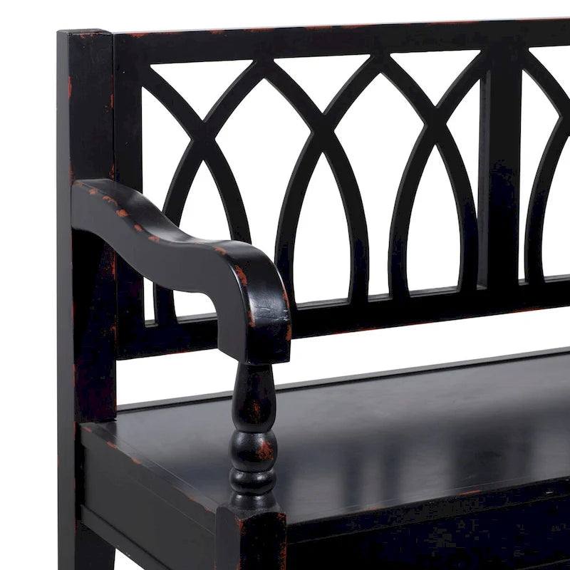 Wood Distressed Bench with Arched Design Back and Turned Legs - Black or White - Roche River Decor