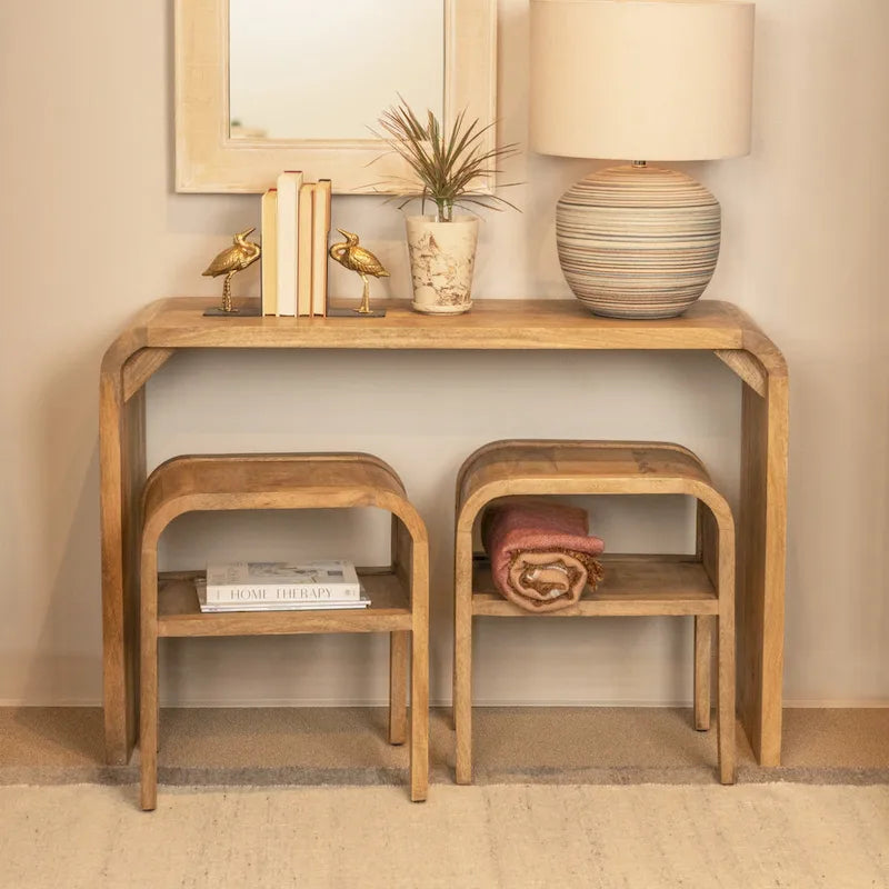 Wood Waterfall Edge Table and 2 Nesting Side Tables - 45.0L x 14.0W x 30.0H