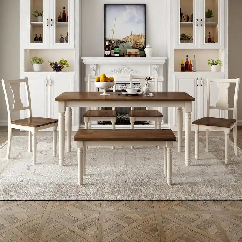 Classic 6-Piece Dining Set Wooden Table and 4 Chairs with Bench
