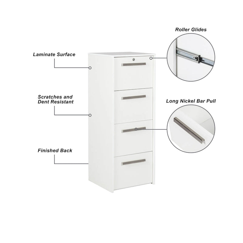 Contemporary White Wood Grain 4-Drawer Vertical Lateral File Cabinet