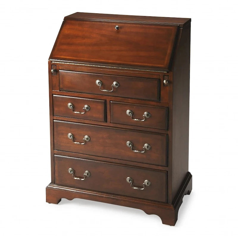 26 Brown Rubberwood Wood Secretary Desk With Five Drawers