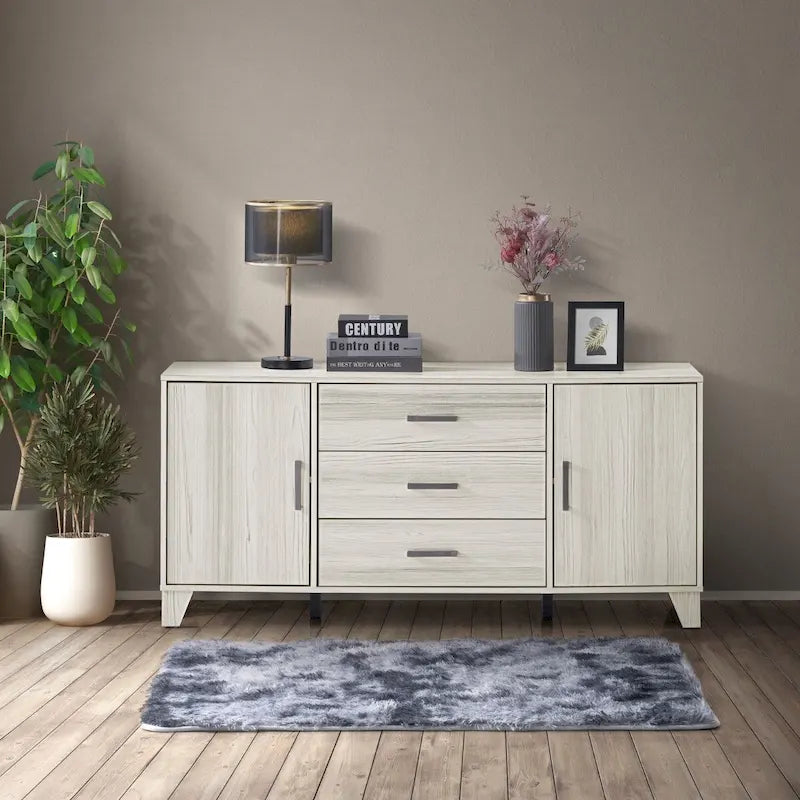 Modern Sideboard with 2 Cabinets and 3 Drawers, Tapered Legs